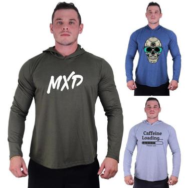 Imagem de Kit 3 Camisetas Manga Longa com Touca Longline Estampada Treino Academia Lazer Casual-Masculino