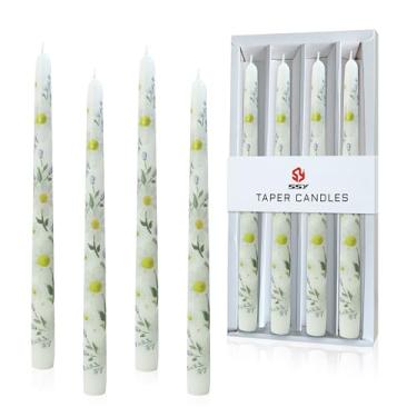 Imagem de Velas cônicas impressas em margaridas sem fumaça - 4 peças de velas cônicas brancas feitas à mão - Vela sem gotejamento sem detalhes de 25,4 cm de comprimento, velas cônicas estampadas com flores para