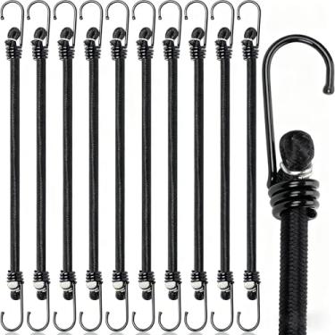 Imagem de Pacote com 15 cabos elásticos resistentes com ganchos de 28 cm, tiras elásticas de borracha para acampamento ao ar livre, pequeno cordão elástico para bagagem, grades de teto e lonas (preto)