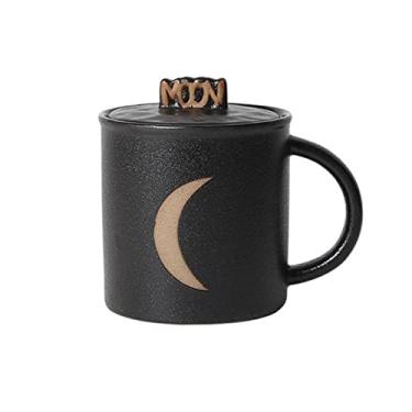 Imagem de Yalych Caneca 400 ml Copo de água de cerâmica áspera com tampa Sol Lua Padrão Casa Caneca de casal Copo de café fabricado no escritório Xícara de café xícara de café (Cor: Preto)