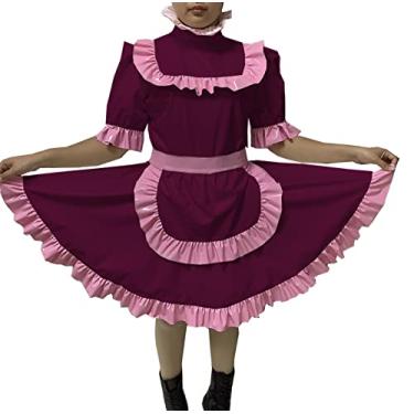 Imagem de Vestido cruzado sexy para adultos, vestido de empregada maricas, vestido de PVC, avental com trava e uniforme, Vermelho escuro, 4X-Large