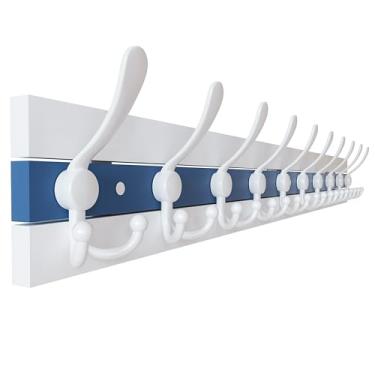 Imagem de SKOLOO Cabide de parede costeiro – Gancho de madeira para entrada de casa de praia de 96 cm com 10 ganchos para pendurar casacos, chapéus ou toalhas, coleção de cabanas à beira-mar, branco e azul