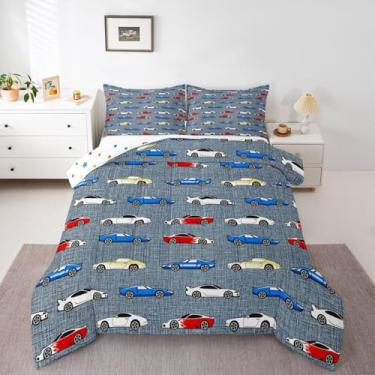 Imagem de jejeloiu Jogo de cama fofo de carro de corrida macio para meninos e meninas, conjunto de edredom colorido de carro esportivo, tamanho solteiro, presentes para crianças, meninos, edredom de microfibra