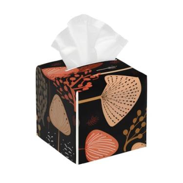 Imagem de Capa quadrada de couro para caixa de lenços de papel, organizador de papel facial étnico à prova d'água, árvore de cogumelo, com cinto inferior, estojo de lenços