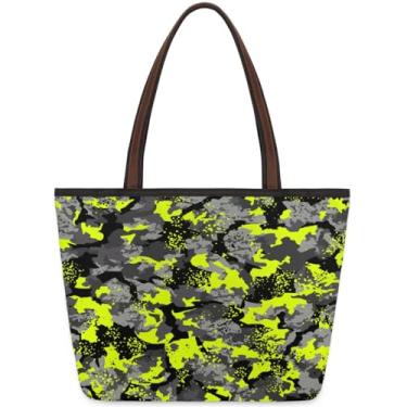 Imagem de Bolsa grande feminina camuflada amarela cinza para trabalho com zíper, reutilizável, bolsa de mão de mercearia, casual, para viagem, trabalho, férias, praia, compras, presentes