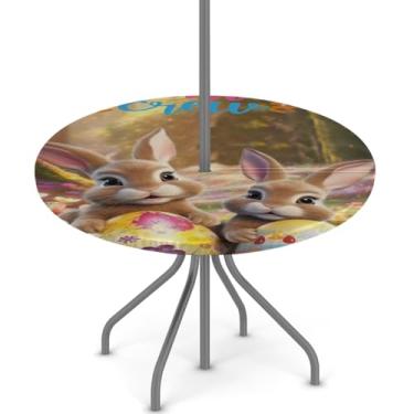 Imagem de hongjinglin Toalha de mesa de Páscoa para uso ao ar livre com orifício para guarda-chuva, toalha de mesa redonda elástica com zíper, impermeável, limpável, para piquenique, festa, pátio, serve para