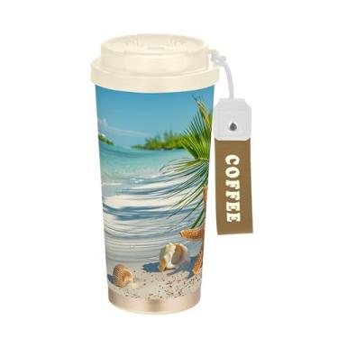 Imagem de SEHANY Caneca de viagem Summer Sea Beach Starfish 482 g Copos de café reutilizáveis revestidos de cerâmica com tampa à prova de vazamento, parede dupla, isolamento a vácuo, copo de café de aço