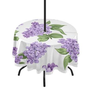 Imagem de ATTX Toalha de mesa redonda com flores lilás ao ar livre – 152 cm, à prova d'água, à prova de derramamento, uso interno/externo, com orifício para guarda-chuva com zíper para acampamento, piquenique