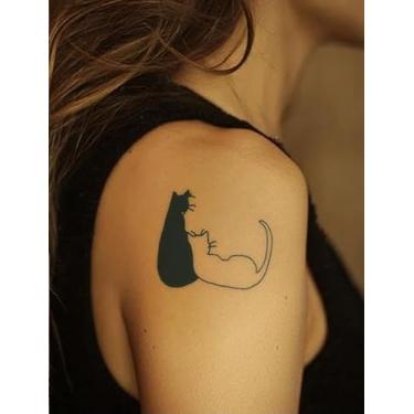 Imagem de 6 peças tatuagens minimalistas semi permanentes de suco de ervas gato slogan inglês linha laço padrão sem sombreamento não reflexivo pulso ombro pescoço clavícula braço corpo impermeável tatuagem