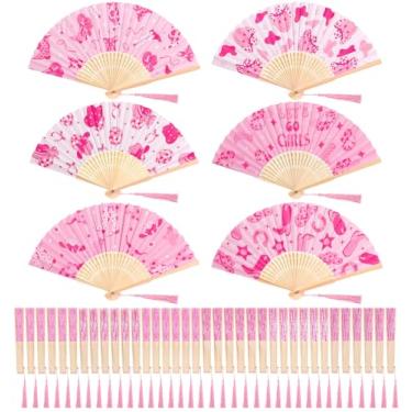 Imagem de FYSUIMU 36 peças de leque de mão dobrável de vaqueira com borla, ventiladores de mão decorativos, chapéu de caubói rosa com sorriso, bola de discoteca, leques de papel para rodeio ocidental, despedida
