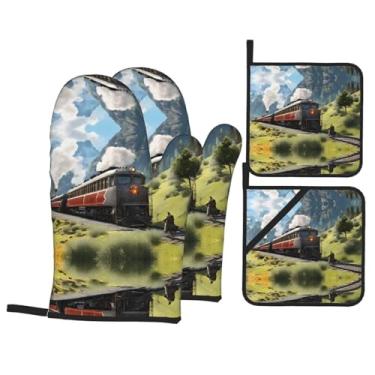 Imagem de Trem de locomotiva a vapor - Conjunto de luvas de cozinha estampadas com suportes de tampa, luvas de forno resistentes ao calor para lidar com panelas quentes, grelhar, churrascos, kit de 4 peças.