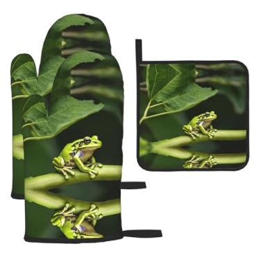 Imagem de Conjunto de cozinha essencial de 3 peças com estampa de sapo da árvore da paz, luvas resistentes ao calor e aderência da tampa, proteção para churrasco no forno, design de armazenamento suspenso.