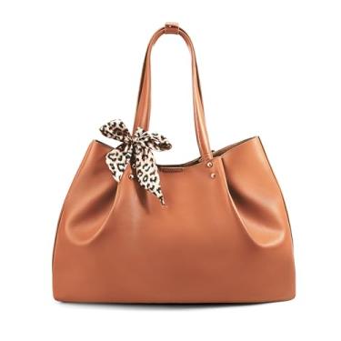 Imagem de cotika Sacola feminina, bolsa de ombro grande, de couro vegano, bolsas Hobo, bolsas com bolso destacável, cachecóis de seda requintados, Marrom, Large