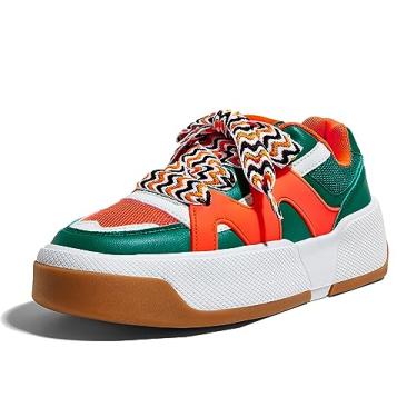 Imagem de LUCKY STEP Tênis feminino moderno plataforma com cadarço casual couro sintético confortável sola grossa tênis caminhada, Verde e laranja, 34 BR