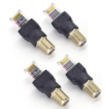 Imagem de ELNONE 4 peças RF para RJ45 adaptador conversor F fêmea para RJ45 macho coaxial barril acoplador adaptador conector coaxial reto (preto)