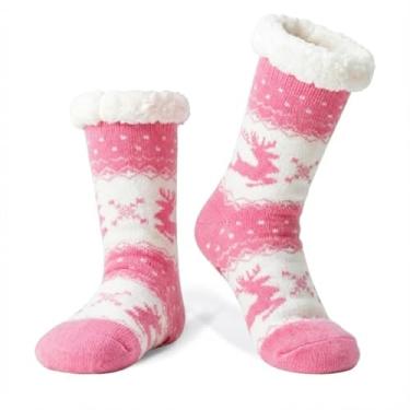 Imagem de LIGHT DOT Meias femininas de inverno com forro de lã de ovelha, estampa de rena, antiderrapante, confortável, macia, quente, presente de Natal, rosa, 6-10