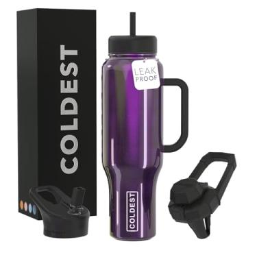 Imagem de Copo Coldest com alça e canudo, copo isolado 100% à prova de vazamento com tampa e canudo (3 tampas), copos de aço inoxidável para mulheres e homens, compatível com porta-copos, 1,304 g (iridescência