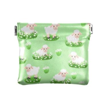 Imagem de Burbuja Bolsa feminina com desenho animado de ovelha na grama, bolsa de moedas, porta-moedas, porta-moedas, portátil, batom, organizador de cosméticos