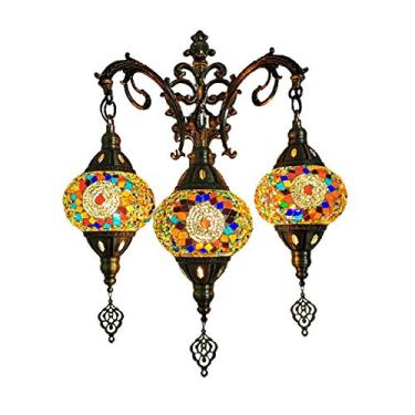 Imagem de Luminária de parede marroquina de 3 braços, aplique de parede turco em mosaico, luminária de cabeceira tradicional feita à mão para sala de estar, quarto, corredor, varanda, café ou bar.