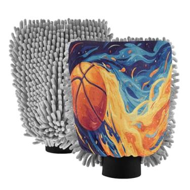 Imagem de STAYTOP Luvas de lavagem de carro de basquete com chama de desenho animado, 2 peças, luvas de microfibra de chenille, sem arranhões, panos de esponja de lavagem ultra absorventes para carros, limpeza