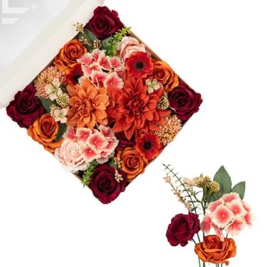 Imagem de FANKO Flores artificiais, rosa vermelha, mistas de flores de seda falsa, gradiente laranja e champanhe rosa queimada, dália, crisântemo, vintage, para buquês de noiva, decoração de casa