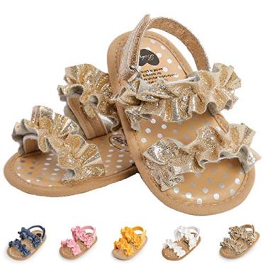 Imagem de Ohwawadi Sandálias para bebês meninos meninas sola macia verão vestido de casamento sapatos rasos sandália praia recém-nascido berço sapatos primeiros andadores, A10/Bege, 0-6 Meses