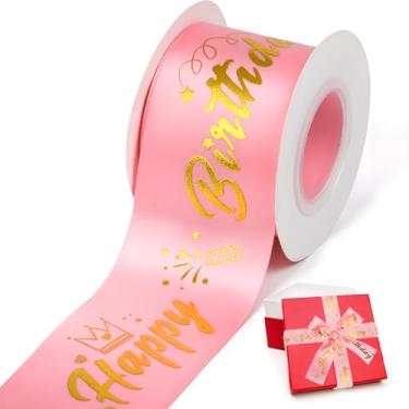 Imagem de Fita de feliz aniversário, decoração de aniversário, caixa de presente, fita de cetim preta com glitter para artesanato, fabricação de banners e decoração de bolos, 5 cm x 10 metros (rosa)
