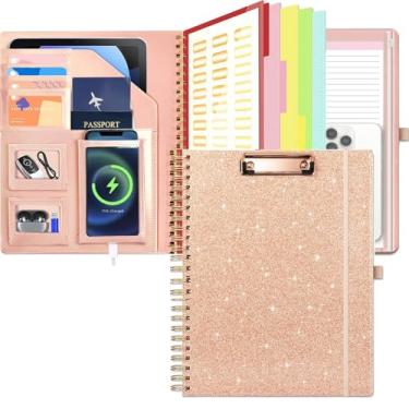 Imagem de KLLVE Prancheta dobrável em espiral com bolsa de armazenamento com zíper, 5 pastas de plástico com bolsos, bloco de notas forrado recarregável (21,6 cm x 28 cm), organizador de projetos de capa dura