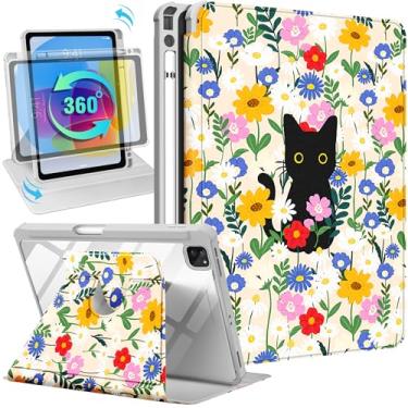 Imagem de Uppuppy Capa para iPad Pro de 12,9 polegadas para iPad Air de 13 polegadas – Suporte giratório 360 com suporte para lápis para mulheres, gatos e flores para Air M3 2025/M2 2024, Pro 1ª/2ª/3ª/4ª/5ª/6ª