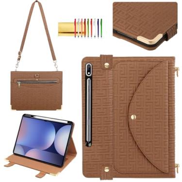 Imagem de Capa de mão para Samsung Galaxy Tab S10+ Plus 12,4 polegadas 2024, Tab S9+/S9 FE+ 2023 com suporte para S Pen, capa carteira funcional com suporte exclusivo Techcircle com alça de ombro, marrom