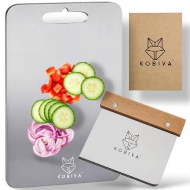 Imagem de Tábua de corte de aço inoxidável com cabo de madeira raspador de alimentos – Tábua de corte de metal resistente para carne, legumes e queijo – durável, resistente à ferrugem, conjunto de cozinha fácil