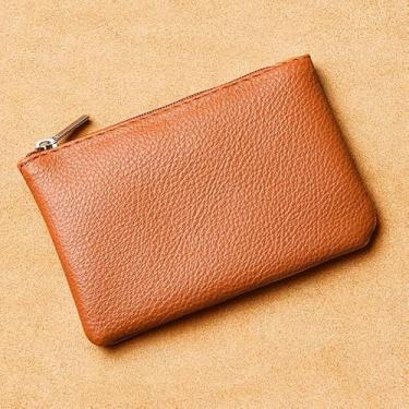 Imagem de Bolsa pequena para moedas, bolsa de moedas portátil de couro PU com zíper para cartão de crédito dobrado, notas de identificação, fone de ouvido e batom, Marrom, P