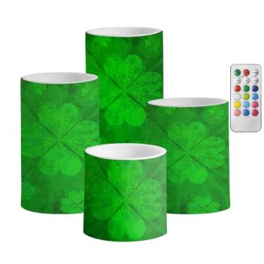 Imagem de ONEIHOMM Velas LED sem chamas do Dia de São Patrício operadas por bateria com velas de pilar remoto cor verde - oscilação que muda para decoração de casa de festa (15,2 cm/15,2 cm/10,2 cm/7,5 cm um