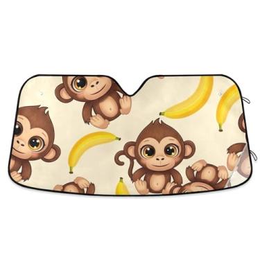 Imagem de Persiana de carro amarela personalizada de macacos de desenho animado dobrável universal para para-brisa frontal estampa animal S, 134,6 cm x 59,7 cm