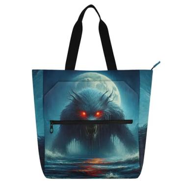 Imagem de GAIGEO Bolsa feminina de trabalho com estampa de monstro de lona com zíper bolsa de praia utilitária infantil com compartimentos