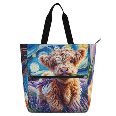 Imagem de Bolsa feminina lavanda Highland vaca bovino bolsa de trabalho lona praia livro bolsa zíper carteiro amantes livros presentes