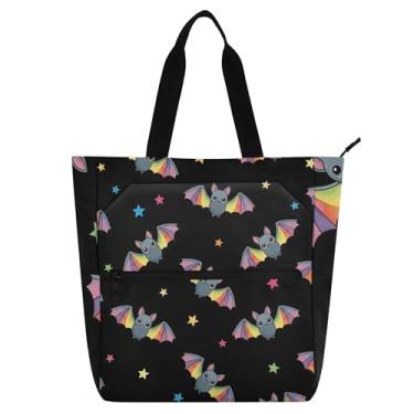 Imagem de Linda sacola feminina com asas de arco-íris coloridas de morcegos de desenho animado para trabalho e praia com zíper, bolsas de professores, presente para amantes de livros