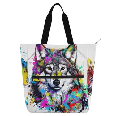 Imagem de GAIGEO Bolsa de trabalho feminina preta com manchas coloridas de lobo, lona, praia, livros, zíper, bolsa feminina infantil com compartimentos