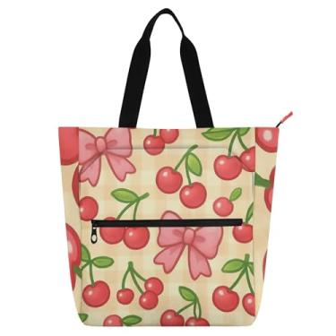 Imagem de GAIGEO Linda sacola feminina vermelha cereja rosa laços para trabalho lona zíper bolsa de praia tecido presente para amantes de livros bolsas