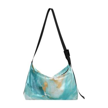 Imagem de Bolsa de ombro feminina de couro com folhas verdes, bolsa tiracolo de couro vegano, bolsa de ombro transversal, Redemoinhos dourados e azul-petróleo - 2, One Size