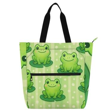 Imagem de GAIGEO Sacola de trabalho verde de sapos de desenho fofo para mulheres bolsa de lona com zíper bolsa de praia para professores de presente para amantes de livros