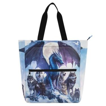 Imagem de GAIGEO Dragon Wolves Bolsas de trabalho femininas com estampa de animais, bolsa de lona para livros de praia com zíper, presente para professores para amantes de livros