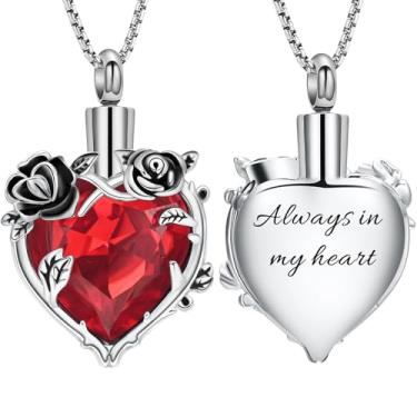 Imagem de Colar de urna de cremação de flor de rosa para cinzas, joia memorial de cristal de coração para mulheres, pingente de lembrança de urna, suporte de medalhão em memória de animal de estimação humano