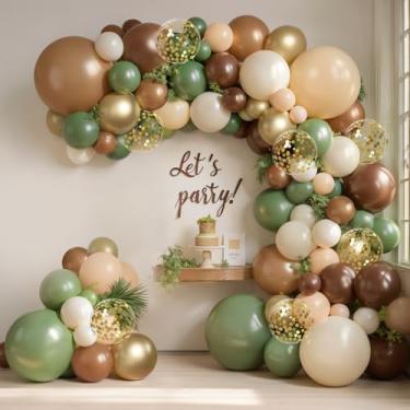 Imagem de Kit de arco de balões marrons verde-sálvia, marrom escuro, caramelo, nude, areia, branco, verde-oliva, bege, dourado cromado com guirlanda de balões de confete para decoração de festa de casamento de