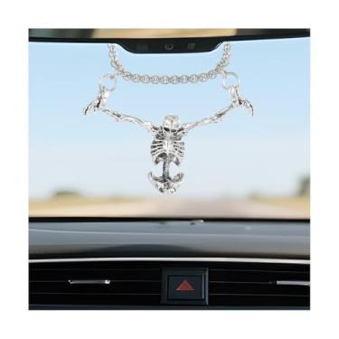 Imagem de FALVFUN Enfeite de caveira de carro, pingente de espelho retrovisor de veículo esqueleto de Halloween, pingente de espelho retrovisor interno gótico assustador, universal para caminhão, SUV RV
