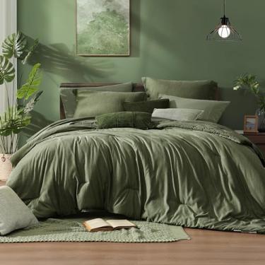 Imagem de Monbix Conjunto de edredom King grande – 7 peças de cama verde oliva catiônica em um saco com edredom, lençóis, fronhas e fronhas, conjunto de edredom reversível (120 x 98)