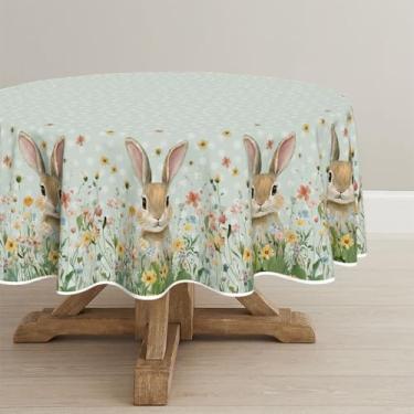 Imagem de Horaldaily Toalha de mesa redonda de Páscoa, 152 cm x 152 cm, estilo pintura a óleo, coelhos, anêmona, flores, lavável, capa de mesa sazonal para decoração de festa, piquenique, jantar