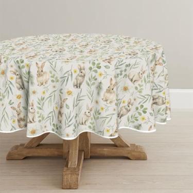 Imagem de Horaldaily Toalha de mesa redonda de Páscoa, 152 x 152 cm, coelhinhos, folhas verdes, agulha de pinheiro, samambaias, anêmona, lavável, capa de mesa sazonal para decoração de festa e piquenique e