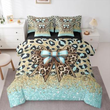 Imagem de Erosebridal Conjunto de edredom solteiro com laço turquesa pálido com lençóis, estampa de leopardo, 7 peças, lantejoulas douradas, cama de pele de guepardo, em uma bolsa, linda gravata borboleta para