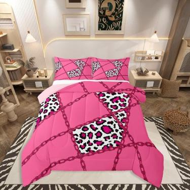 Imagem de jejeloiu Conjunto de edredom Queen com estampa de corrente de ferro de leopardo, rosa, para crianças, meninos, meninas, guepardo, decoração de quarto, microfibra, 3 peças com 2 fronhas